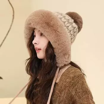 2024 осень и зима новая теплая защита ушей универсальная милая плюшевая утолщенная вязаная шапка шерстяная шапка шапка Lei Feng женская M (56-58cm) Adjustable