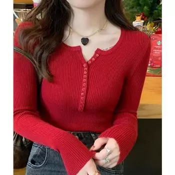 2024 Осень и зима Новая внутренняя женская нижняя рубашка пуловер свитер мода повседневная длинный рукав пуговицы топы Slimfit однотонная одежда 2334 One Size чёрный