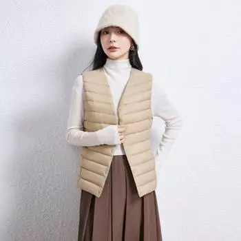 2024 осень и зима новая женская 90-пуховая женская одежда круглый вырез V-образный вырез легкий пуховик жилет пуховый жилет большой размер M розовый