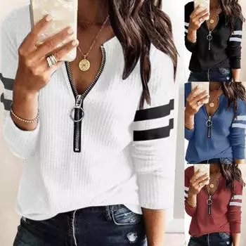 2024 Осень и зима Новая женская мода однотонный V-образный вырез молния повседневный длинный рукав базовый топ S красный