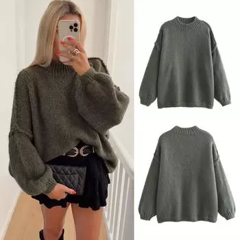 2024 осень и зима новая женская одежда однотонный круглый вырез повседневный свободный вязаный свитер топ S темно-серого