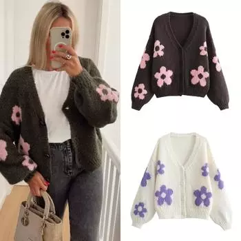 2024 осень и зима новая женская одежда V-образный вырез трехмерная инкрустация цветок ленивый ветер вязаный жакет S