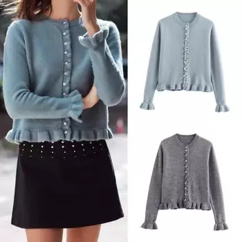 2024 осень и зима новая женская одежда ламинированный декоративный грибок край свитер однотонный универсальный вязаный кардиган куртка S светло-синий