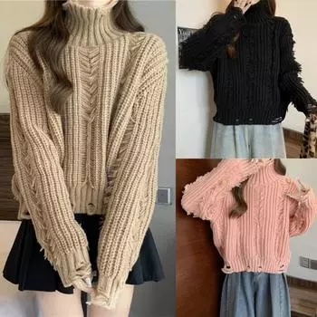 2024 осень и зима новая женская одежда теплый вязаный свитер топ дизайн чувство кисточки рваный свитер с высоким воротом женский пуловер One Size молочный белый