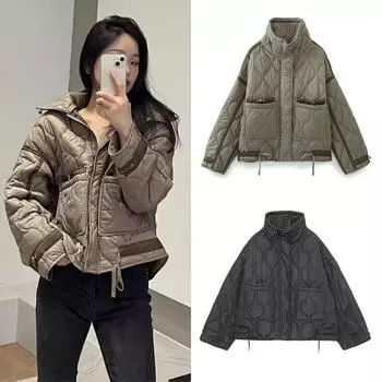 2024 Осень и зима новая женская свободная тонкая универсальная куртка из хлопка с французским воротником и накладными карманами XS бежевый