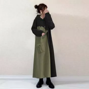 2024 осень и зима новое длинное платье-свитер с капюшоном контрастного цвета S