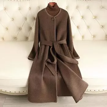 2024 осень и зима новое двухстороннее кашемировое пальто с длинным ремешком на колене облегающее шерстяное пальто высокого класса для женщин оптом S