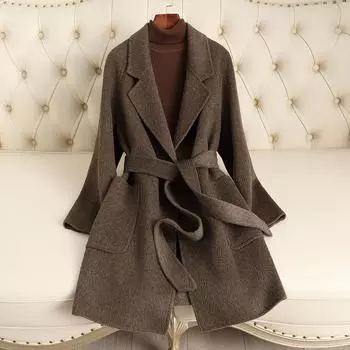 2024 осень и зима новое двухстороннее шерстяное пальто женственное среднее и длинное со шнуровкой чистое шерстяное пальто ручной работы высокого качества One size черный серый