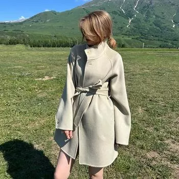 2024 осень и зима новое двухстороннее шерстяное пальто с воротником-стойкой однобортное со шнуровкой среднее и длинное модное кашемировое пальто для женщин S верблюд