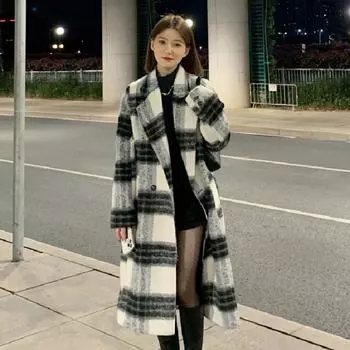 2024 осень и зима новое корейское темпераментное клетчатое шерстяное пальто средней и длинной длины высококачественное шерстяное пальто женское маленькое S