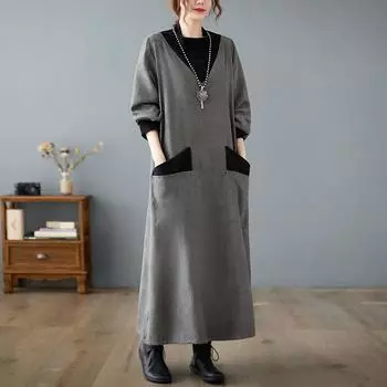 2024 осень и зима новое платье выше колена с большим карманом полуводолазка трикотажное облегающее большого размера рубашка халат one size fits all серый