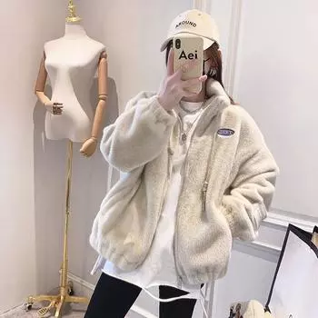 2024 осень и зима новое плюшевое теплое утолщенное свободное короткое пальто с воротником-стойкой из искусственного меха на молнии однотонное пальто XS розовый