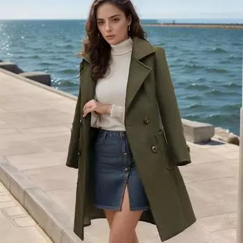 2024 осень и зима новое шерстяное пальто женское длинное однобортное шерстяное тонкое пальто с поясом S чёрный