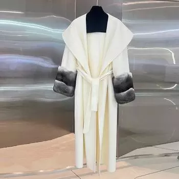 2024 осень и зима новое шерстяное пальто пальто женское длинное тонкое и тонкое Рекс кролик шиншилла меховые рукава шерстяной мех S