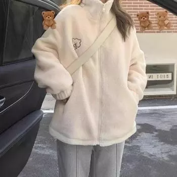 2024 осень и зима новое свободное пальто из овечьей шерсти с воротником-стойкой женское утолщенное иностранное стильное универсальное милое плюшевое пальто с медведем M розовый