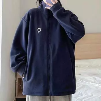 2024 осень и зима новое свободное утолщенное пальто из овечьей шерсти женский свитер воротник-стойка верх вышитый узор флисовый свитер M тёмно-синий