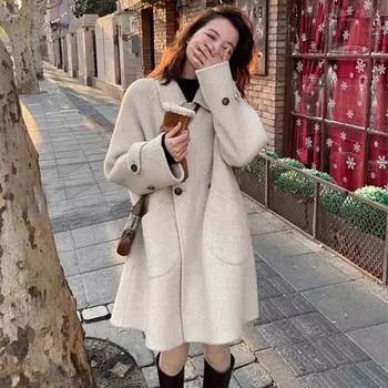 2024 осень и зима новое утолщенное шерстяное пальто женское среднее и длинное с воротником-стойкой вариант А свободное шерстяное пальто S
