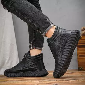 2024 осень и зима новые бархатные утолщенные кожаные хлопковые туфли с крокодиловым узором высокие мужские спортивные туфли для отдыха на открытом воздухе в наличии 39 чёрный