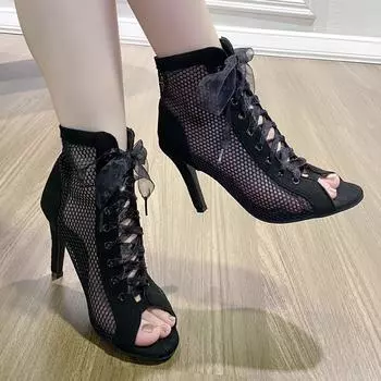 2024 осень и зима новые большие размеры модные туфли на шпильке сетчатые полые сандалии модные шнурованные тканевые рыбий рот крутые ботинки 35 чёрный