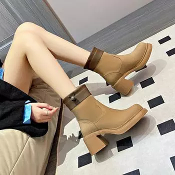 2024 осень и зима новые британские ботинки Martin женские круглые на толстом каблуке водонепроницаемые короткие ботинки на высоком каблуке тонкие средние модные ботинки 34 чёрный