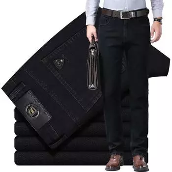 2024 Осень и зима Новые чисто черные джинсы мужские свободные прямые брюки с высокой талией эластичные повседневные длинные брюки 29
