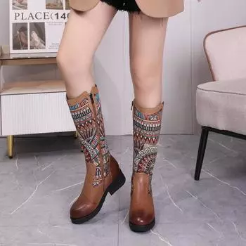 2024 осень и зима новые длинные женские сапоги, повседневные ботинки Martin из коровьей кожи с жаккардовым узором первого слоя, женская обувь ручной работы 35