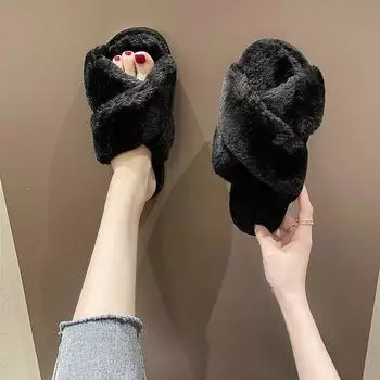 2024 осень и зима новые домашние тапочки женские большого размера плоские перекрещенные плюшевые тапочки женская обувь большого размера 43 36 красный