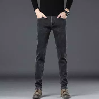2024 Осень и зима Новые джинсовые брюки для мужчин, эластичные облегающие прямые брюки, удобная и мягкая толстая мужская одежда 28 чёрный