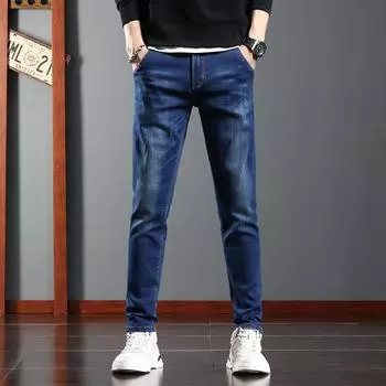 2024 Осень и зима Новые джинсы мужские повседневные брюки трендовые облегающие брюки с маленькой ногой толстые эластичные длинные брюки 27