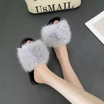 2024 осень и зима новые европейские и американские тапочки с плоской подошвой, подходящие по цвету, пушистые женские домашние тапочки с одним словом 36 белый