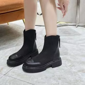 2024 осень и зима новые французские ретро короткие шерстяные ботинки Martin повседневные и тонкие ботинки на низком каблуке с толстой подошвой круглые носки 35 чёрный