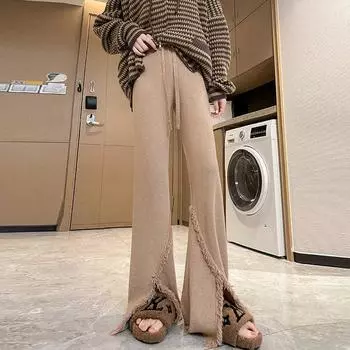 2024 осень и зима новые кисточки слегка разрезанные трикотажные высокие женские брюки драпировка высокая талия шнурок повседневные брюки для мытья полов One Size верблюд