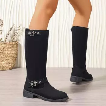 2024 осень и зима новые красивые сапоги женские пояс пряжка круглая голова толстый каблук рукав большой размер рыцарские сапоги в стиле вестерн 35 чёрный