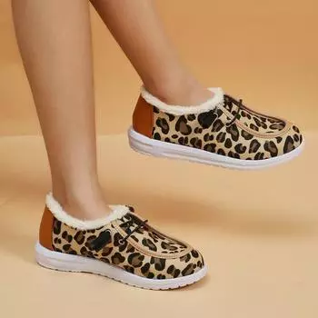 2024 осень и зима новые леопардовые хлопковые туфли зимние сапоги женские на плоской подошве модные пушистые большие женские туфли 36