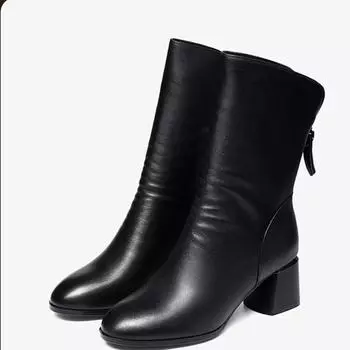 2024 Осень и зима Новые мягкие кожаные сапоги средней высоты женские толстые каблуки, тонкие и удобные сетчатые красные черные женские сапоги 35 чёрный
