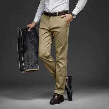 2024 Осень и зима Новые мужские повседневные брюки, свободные прямые брюки с толстым флисом и деловые теплые брюки 28 чёрный