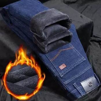 2024 Осень и зима Новые мужские толстые и теплые ковбойские брюки с бархатом, эластичные и свободные прямые брюки 29 сине серый