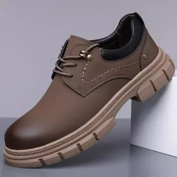 2024 осень и зима новые мужские туфли ручной работы онлайн повседневные кожаные туфли на шнуровке мужские туфли на платформе ретро с большой головой A195 38 чёрный