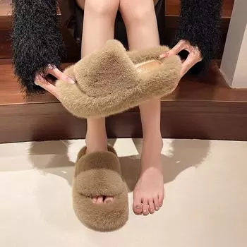 2024 осень и зима новые пушистые тапочки из феи и ветра для женщин пушистые домашние тапочки с кондиционером для комнаты из хлопка для женщин 35 белый