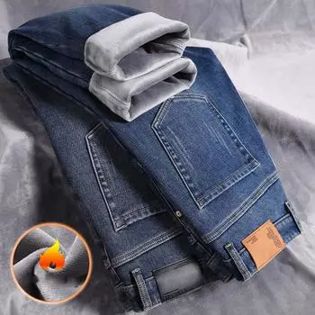 2024 Осень и зима Новые теплые и мягкие толстые прямые эластичные джинсы для мужчин Молодежные прямые мужские джинсы в тренде 28