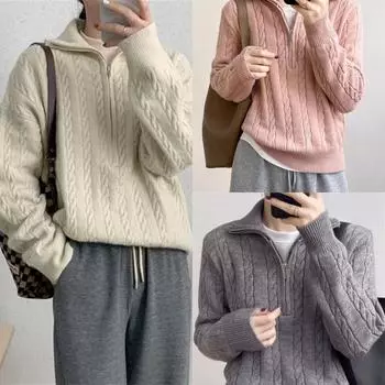 2024 осень и зима новые трикотажные топы женские ретро стиль твист полумолния ленивый короткий параграф пуловер джемпер One Size розовый