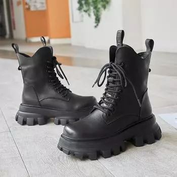 2024 осень и зима новые высокие однотонные туфли в стиле ретро с ремешками женские кожаные ботинки на молнии ботинки Martin 35 чёрный
