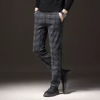 2024 Осень и зима Новые высококачественные потертые деловые повседневные брюки для мужчин Модные клетчатые длинные брюки 28 чёрный