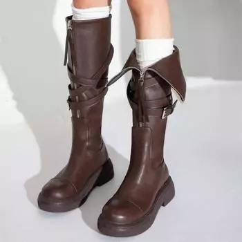2024 Осень и зима Новые женские модные ботинки с застежкой-молнией спереди, высоким задником, средним каблуком, перекрестной пряжкой, декорированным круглым носком 35
