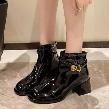 2024 Осень и зима Новые женские сапоги на высоком каблуке Модные туфли с пряжкой на ремне Брендовые дизайнерские туфли Повседневные короткие сапоги Botas Femininas 35 чёрный