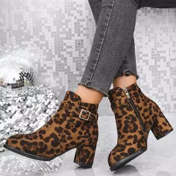 2024 осень и зима новые женские туфли на высоком каблуке остроносые ботинки Martin европейские и американские модные леопардовые ботинки на толстом каблуке 35 цветной печати леопарда