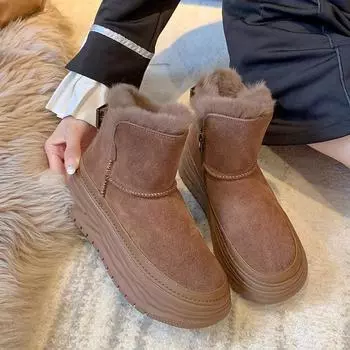 2024 Осень и зима Новые женские замшевые однотонные дизайнерские элегантные короткие теплые зимние сапоги на низком каблуке с круглым носком 35 верблюд