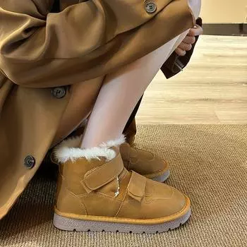 2024 осень и зима новые зимние ботинки на толстой подошве с начесом утолщенные теплые короткие меховые хлопковые ботинки на липучке 35