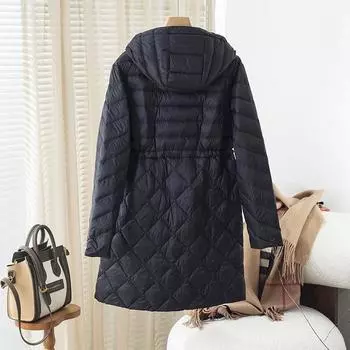 2024 осень и зима новый 90 белый утиный пух ромбовидной формы облегающая талия средняя и длинная холодная куртка с капюшоном женская зимняя S чёрный