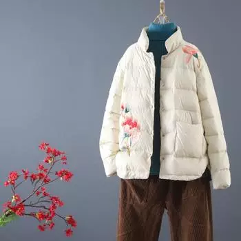 2024 осень и зима новый этнический стиль вышивка маленький воротник стойка облегающий легкий короткий пуховик женская зимняя одежда M чёрный